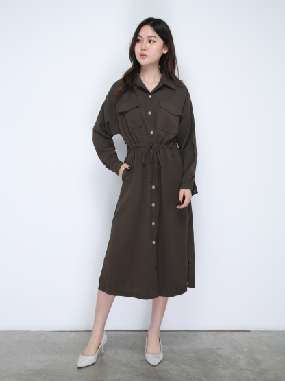 Front Button Collar With Waist Drawstring Dress 21615