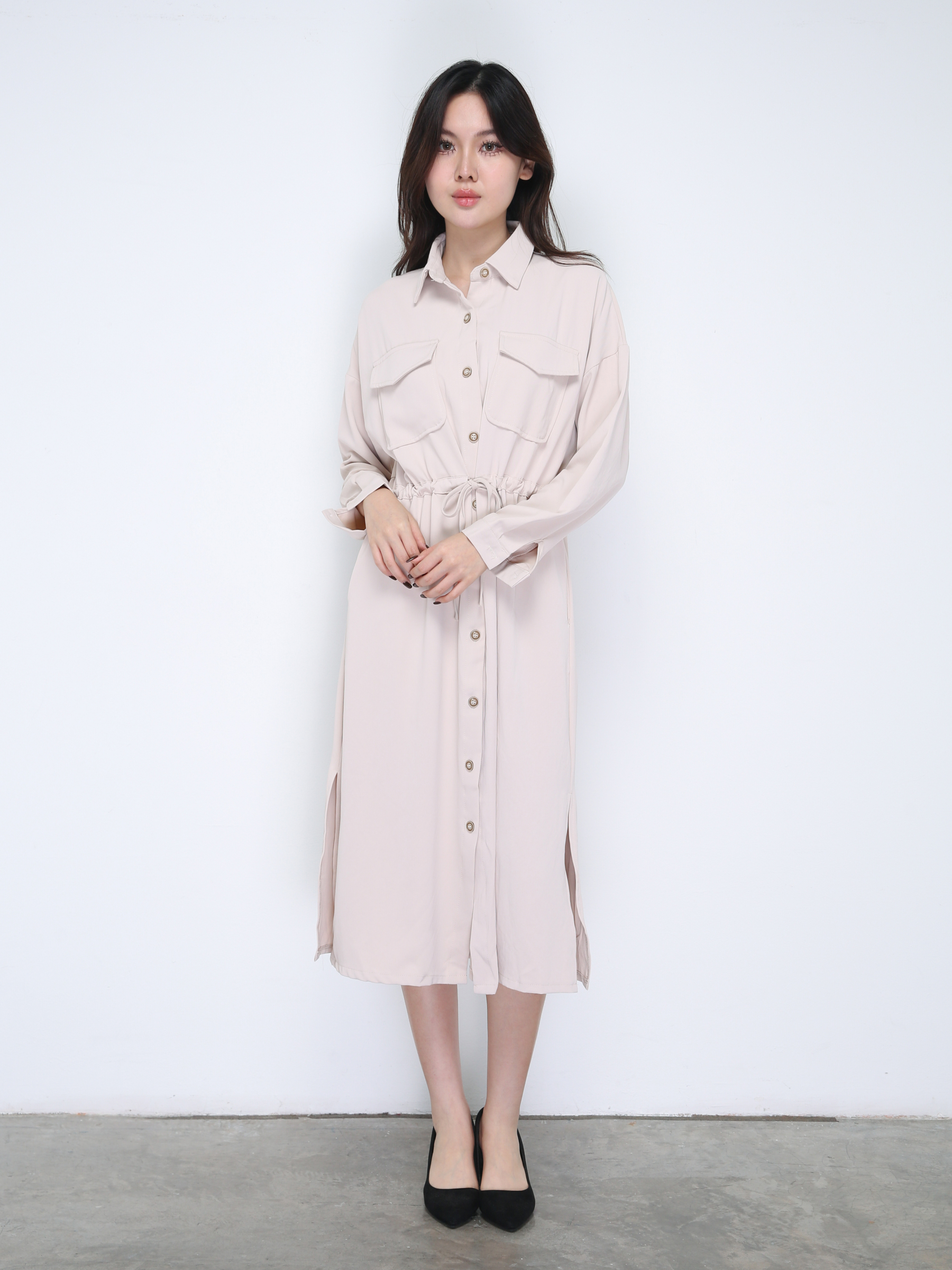 Front Button Collar With Waist Drawstring Dress 21615