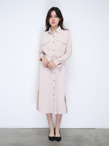 Front Button Collar With Waist Drawstring Dress 21615