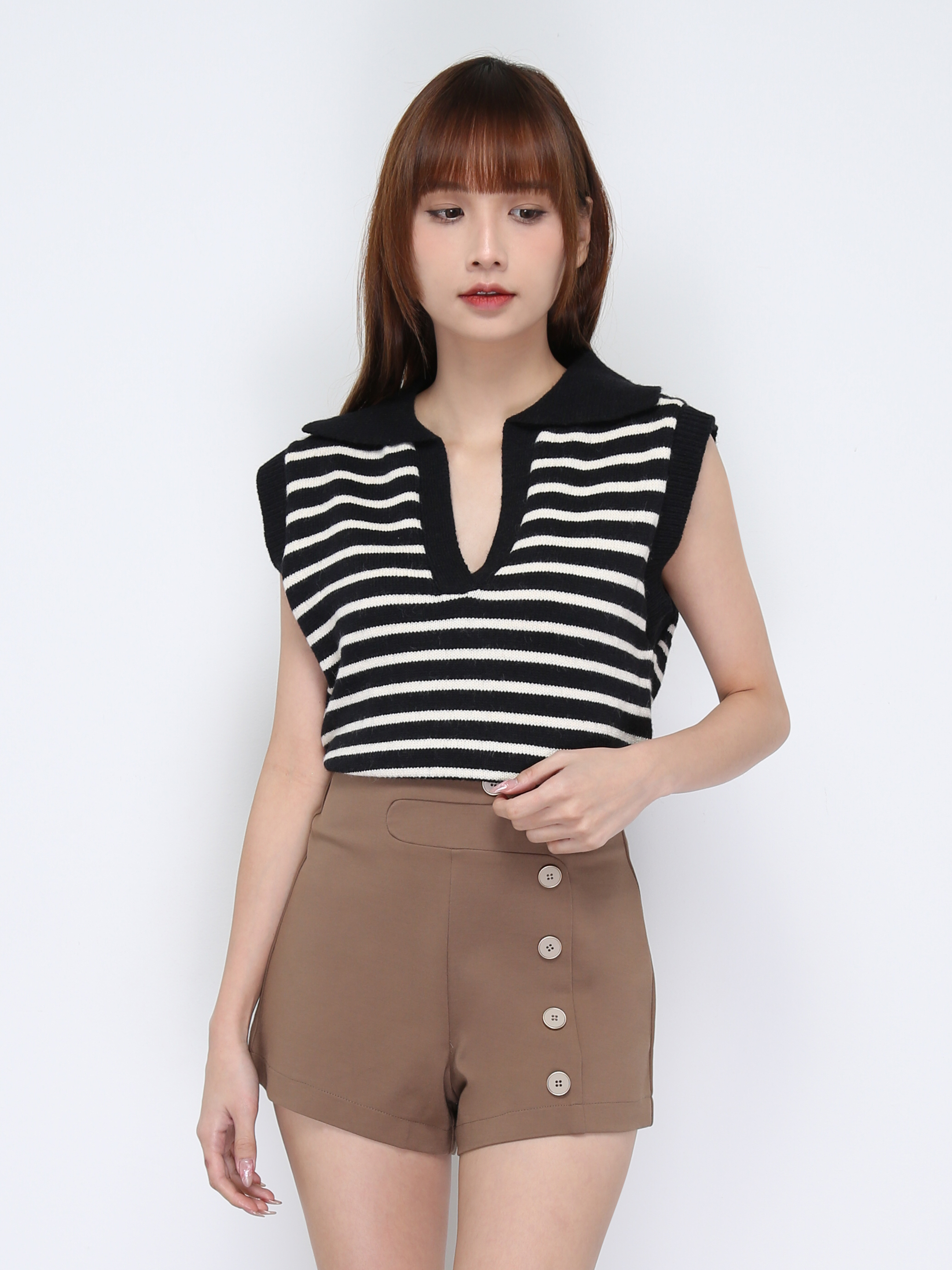 Knitted Collar Sleeveless With Stripe Top 20840