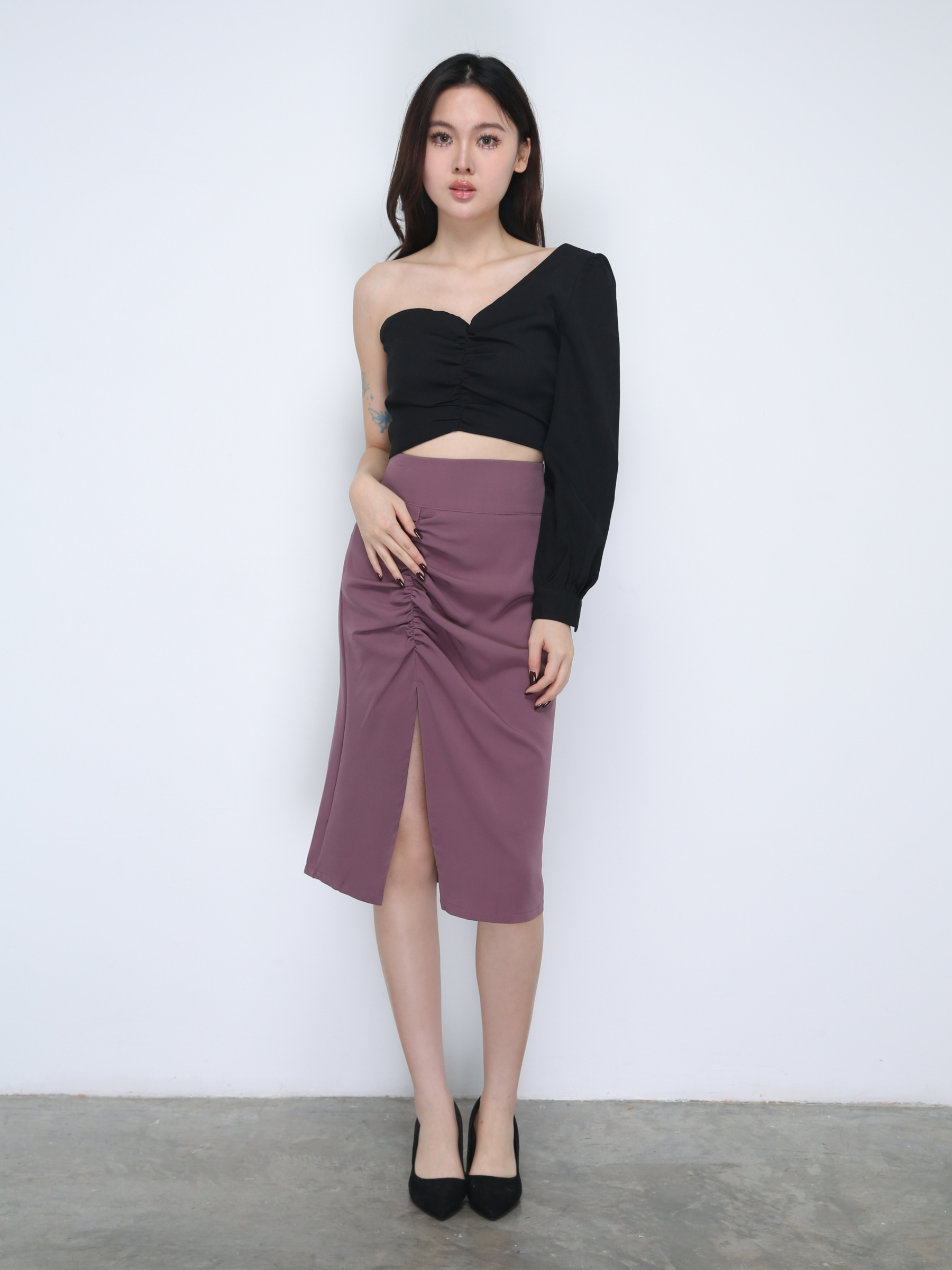 High Waist Side Pleated With Split Skirt 21565