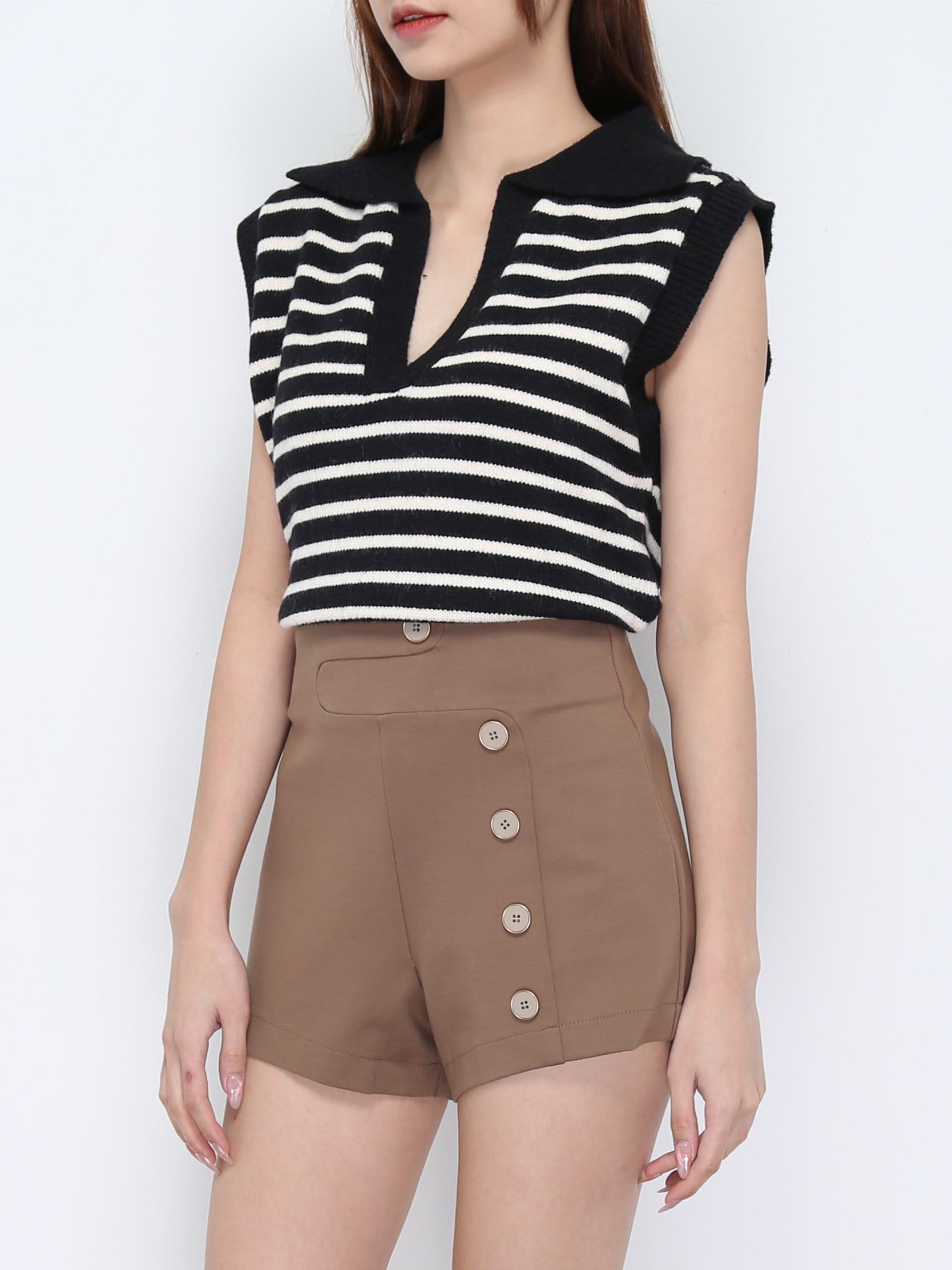 Knitted Collar Sleeveless With Stripe Top 20840