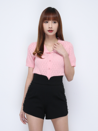 Diamond Shape Collar Front Button Top 21869