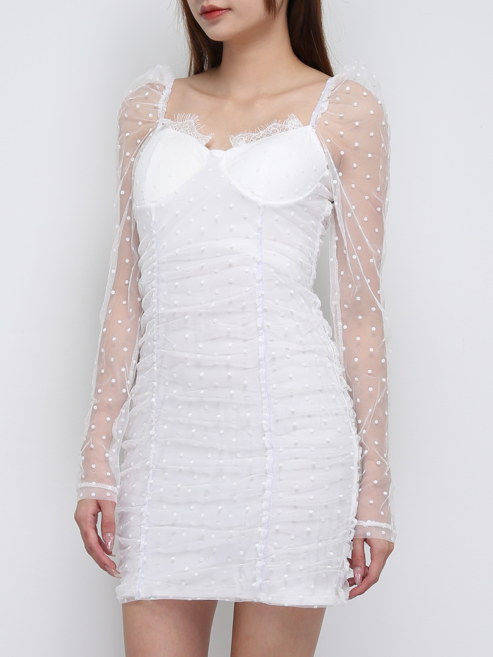 Polka Dot Transparent Sleeve With Pleated Dress 21168