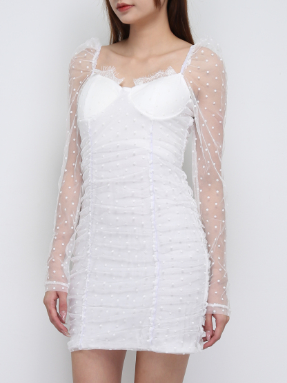 Polka Dot Transparent Sleeve With Pleated Dress 21168