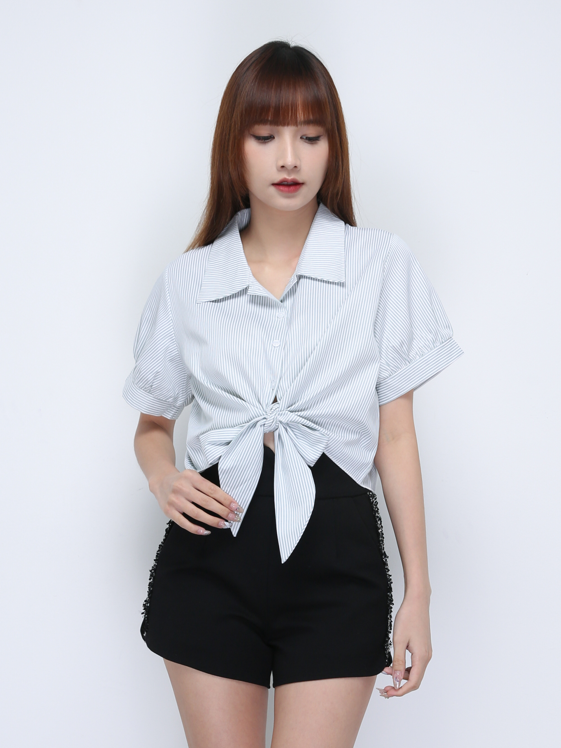 Collar Front Button With Front Tie Up Top 21725
