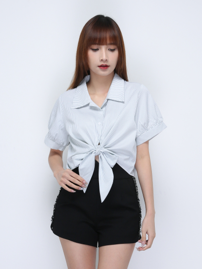 Collar Front Button With Front Tie Up Top 21725