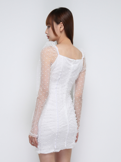 Polka Dot Transparent Sleeve With Pleated Dress 21168