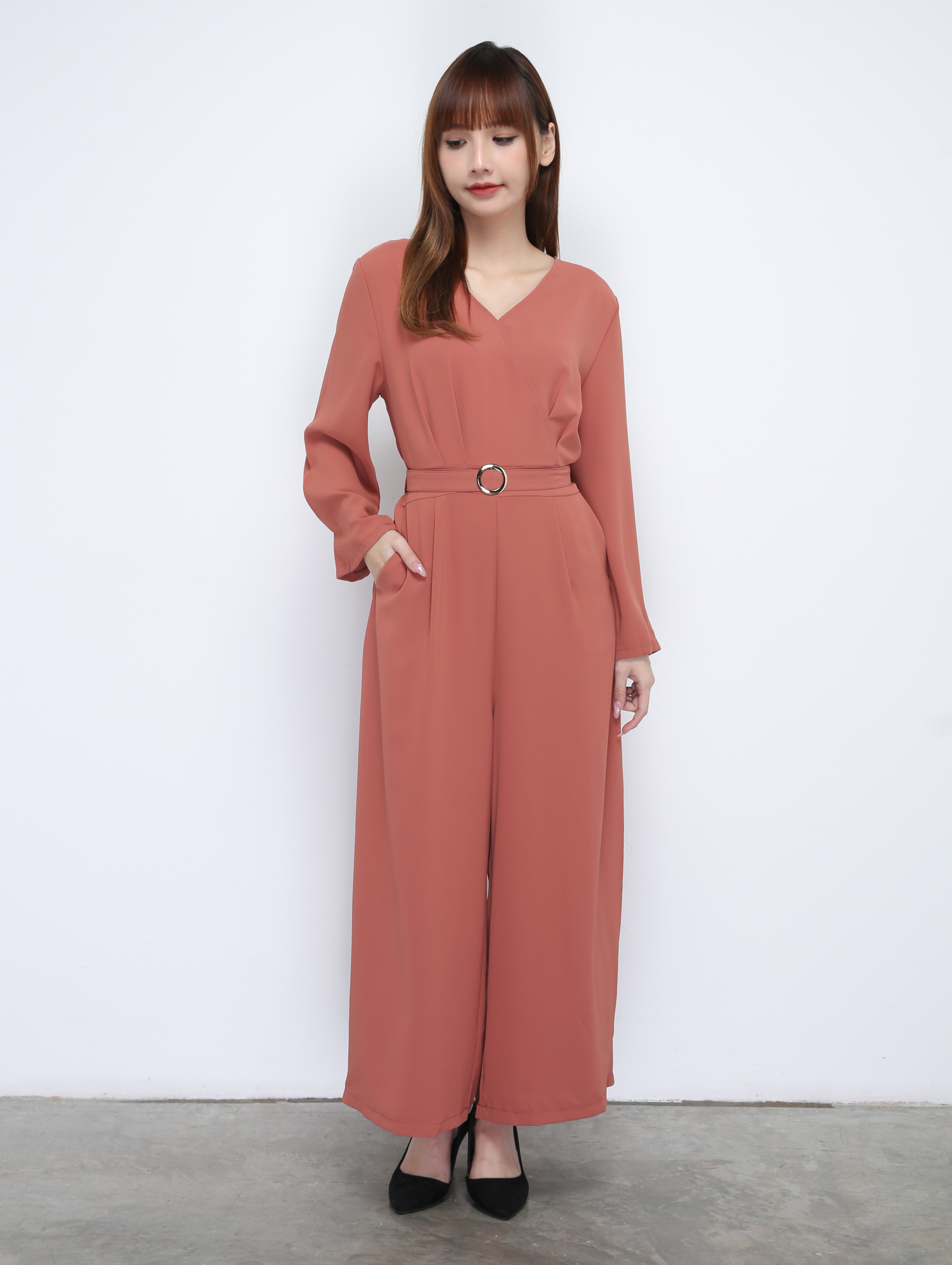 V Neck Long Sleeve With Belt Jumpsuit 21424