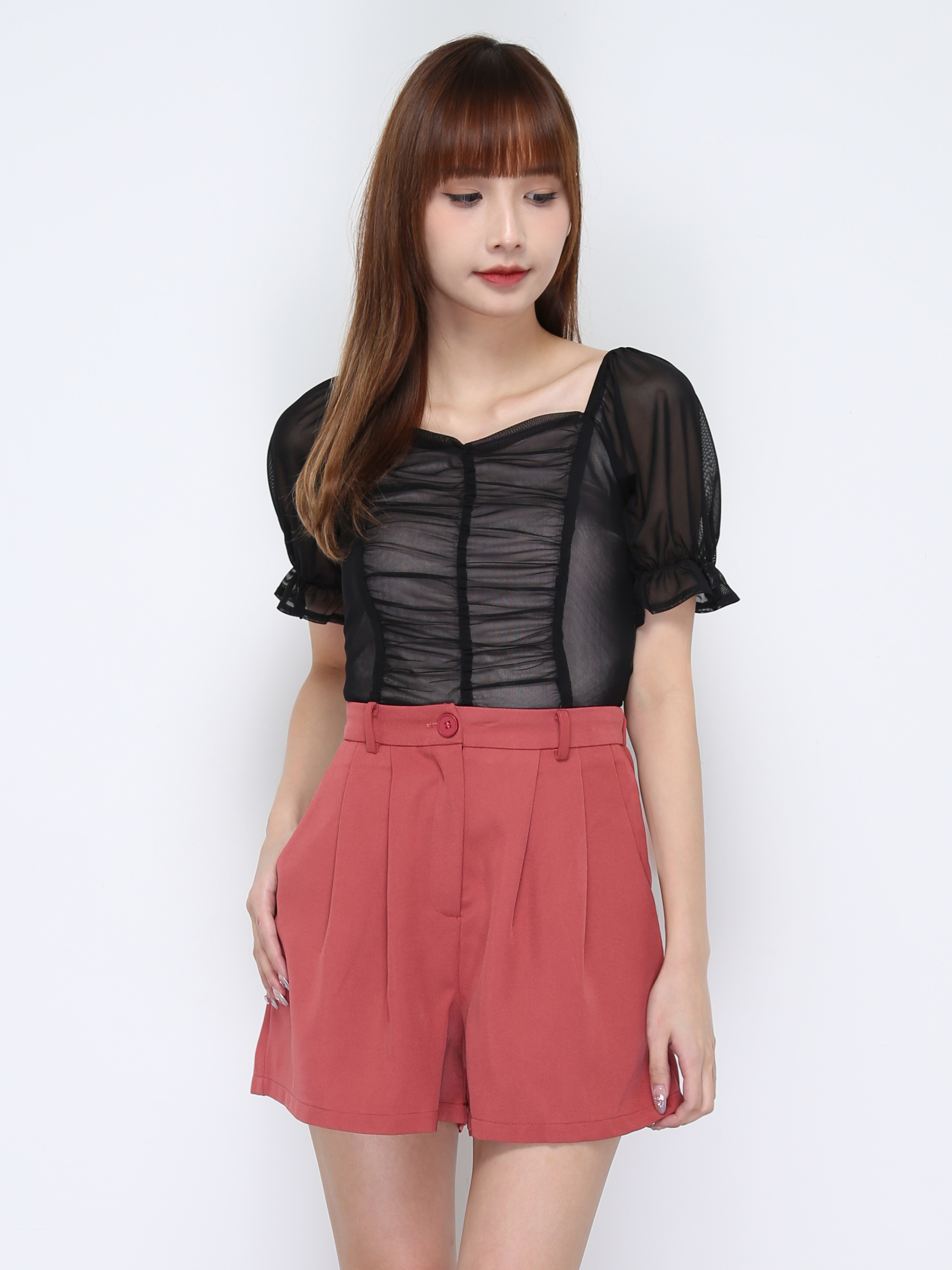 Puff Sleeve Net Front Pleated Top 20326