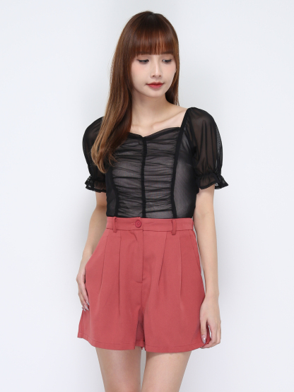Puff Sleeve Net Front Pleated Top 20326