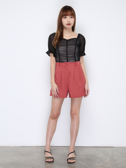 Puff Sleeve Net Front Pleated Top 20326
