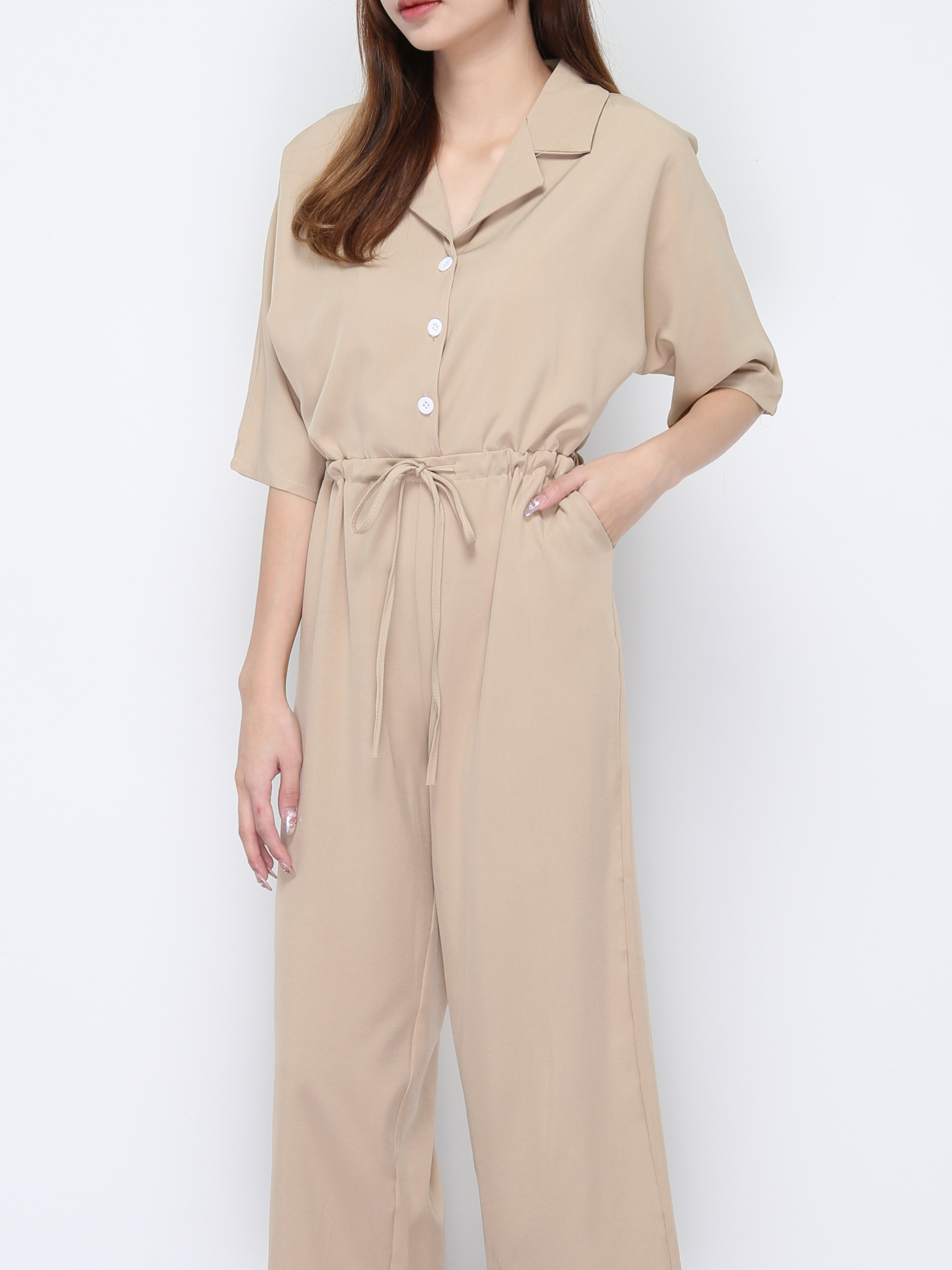 Collar Front Button Waist Drawstring Jumpsuit 20646