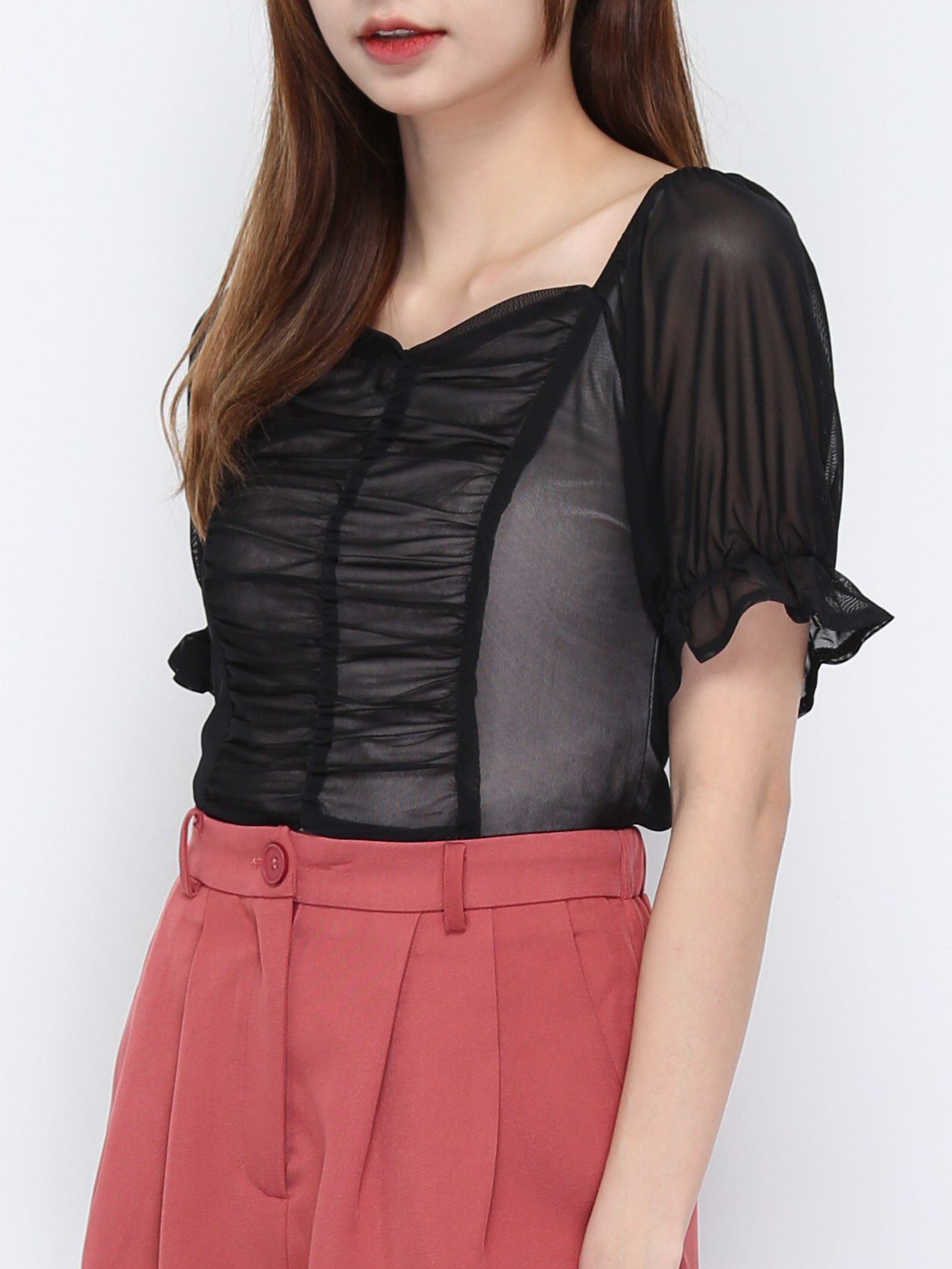 Puff Sleeve Net Front Pleated Top 20326