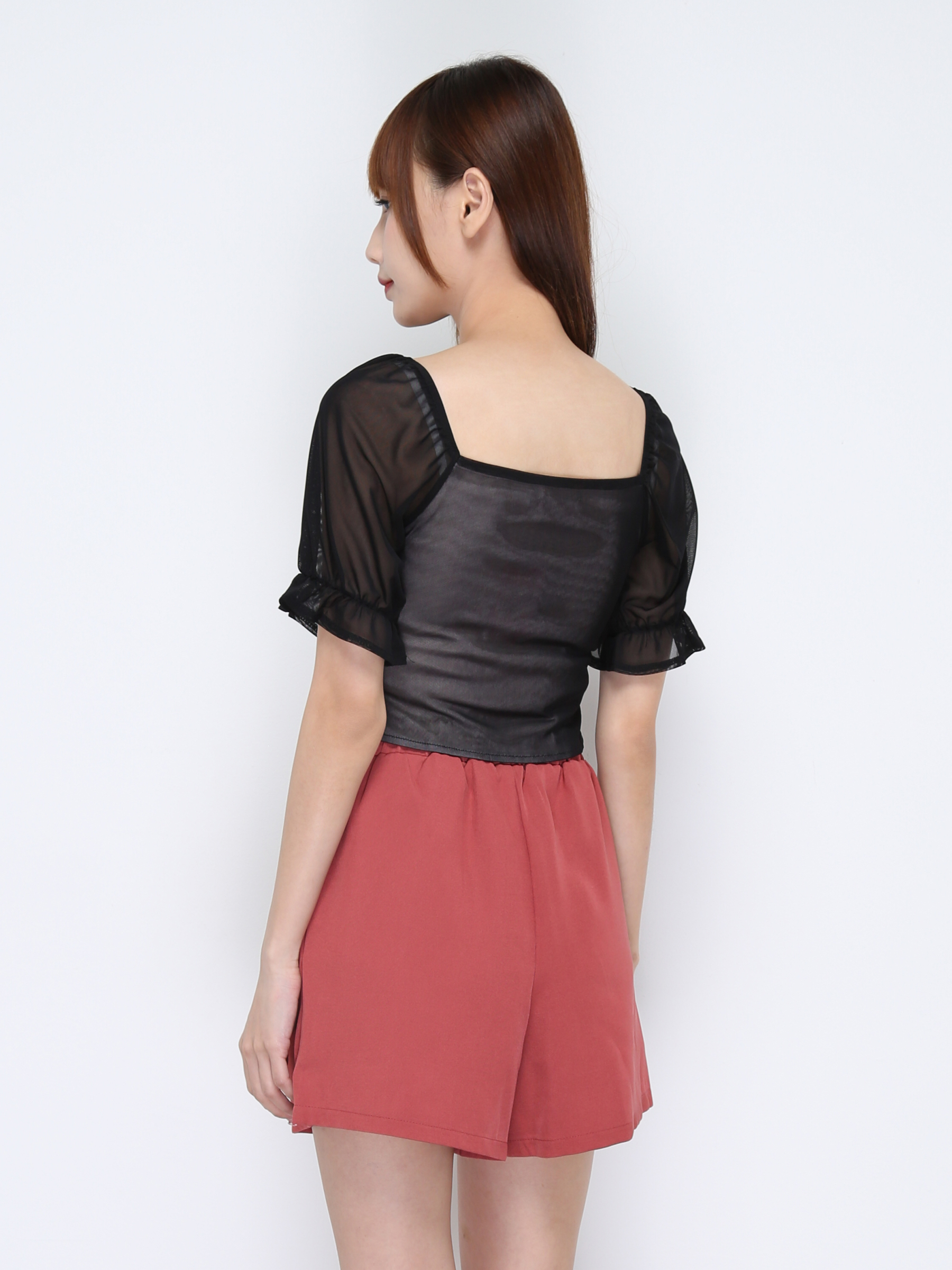 Puff Sleeve Net Front Pleated Top 20326