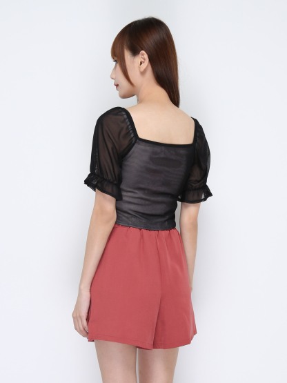 Puff Sleeve Net Front Pleated Top 20326