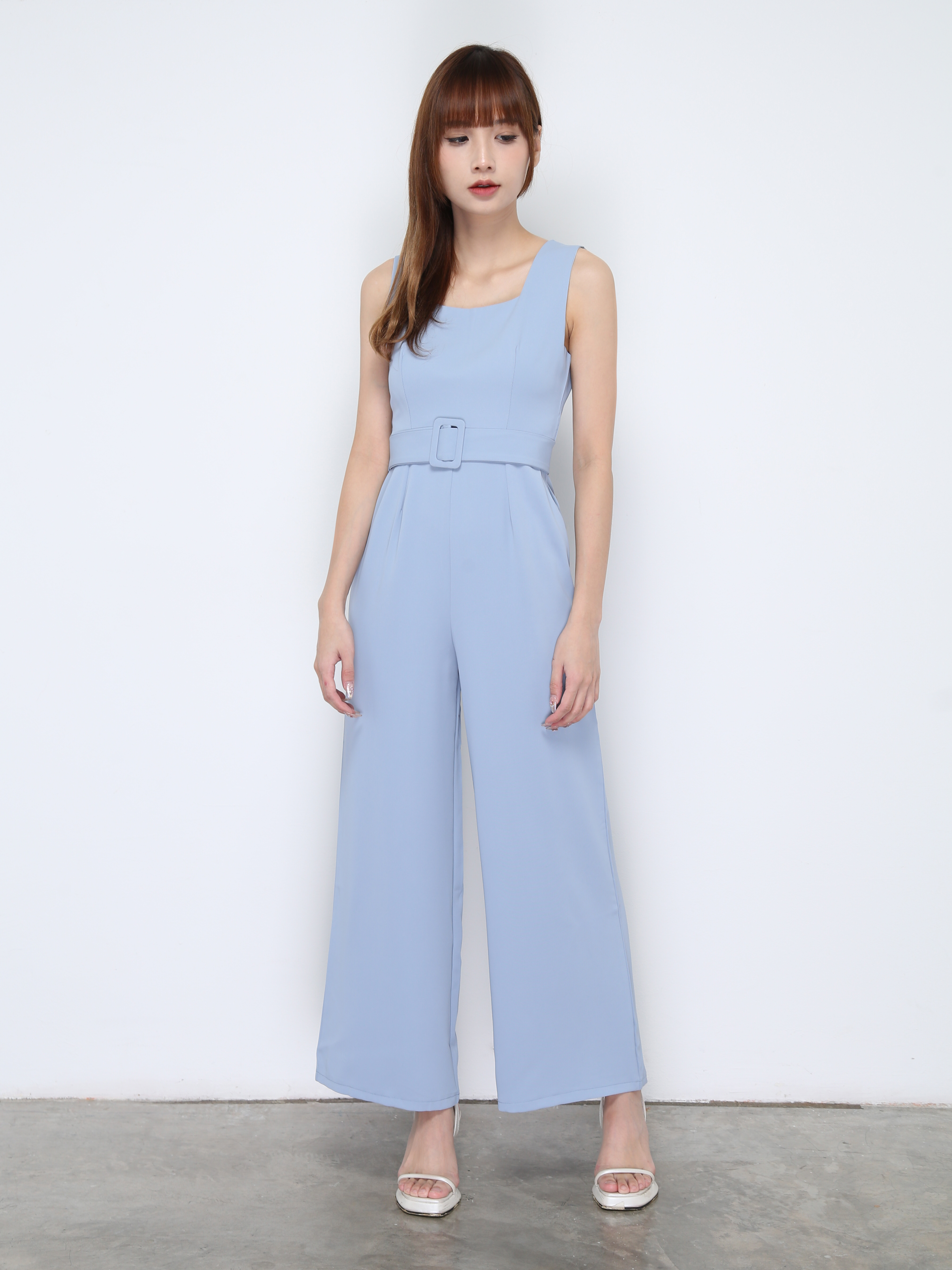 Sleeveless Square Neck Wide Leg With Belt Jumpsuit 20654