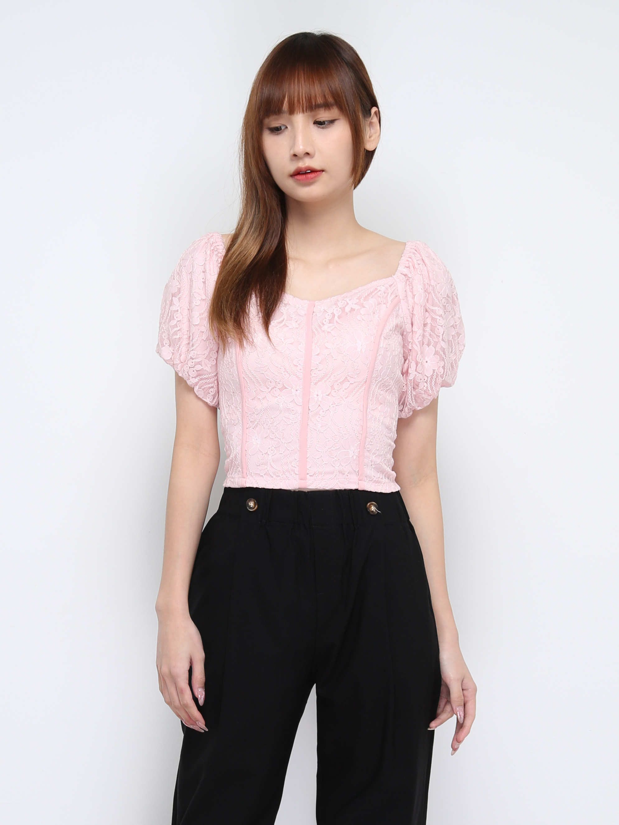 Off Shoulder Lace Puff Sleeve Top 21146