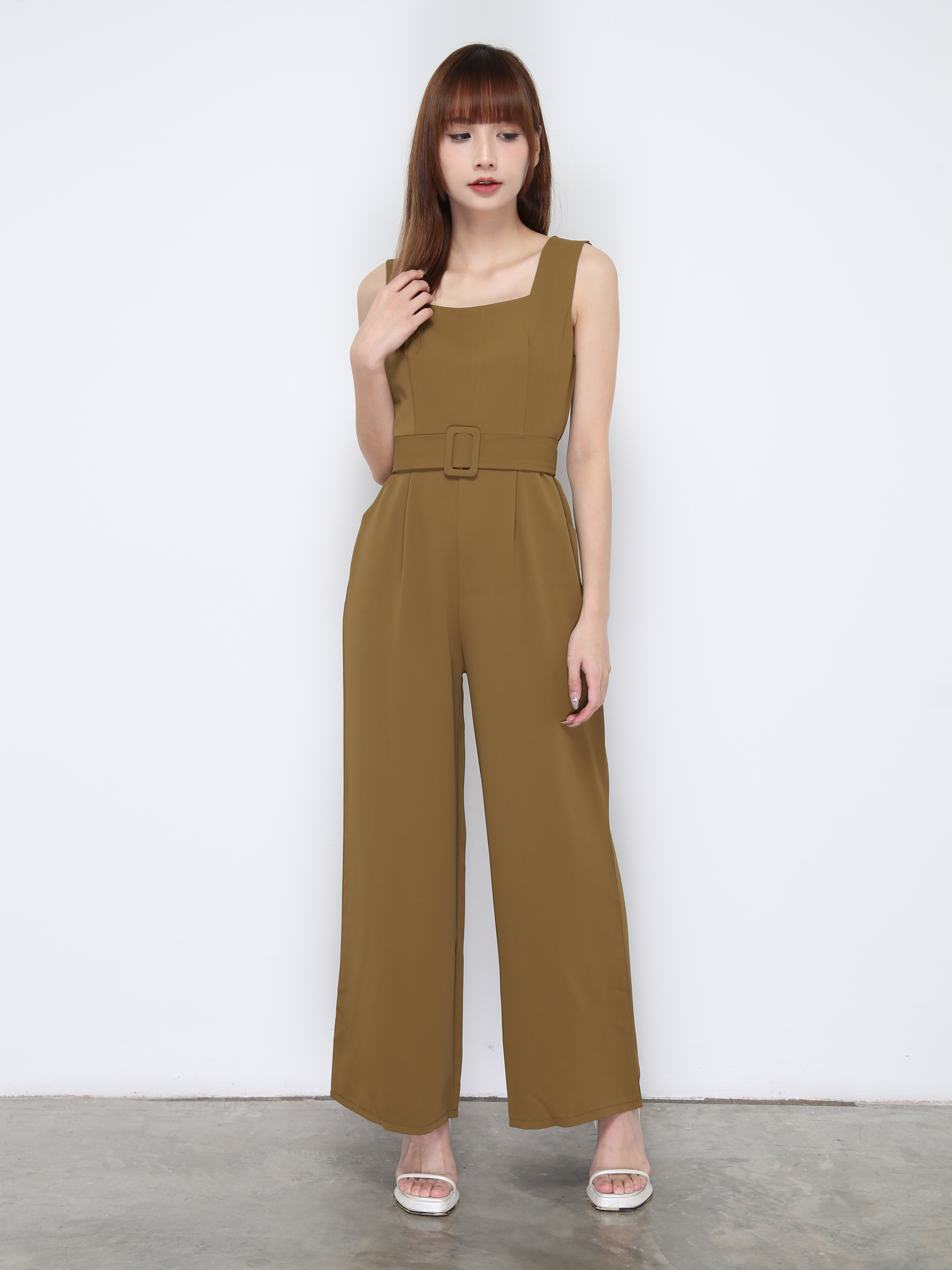 Sleeveless Square Neck Wide Leg With Belt Jumpsuit 20654