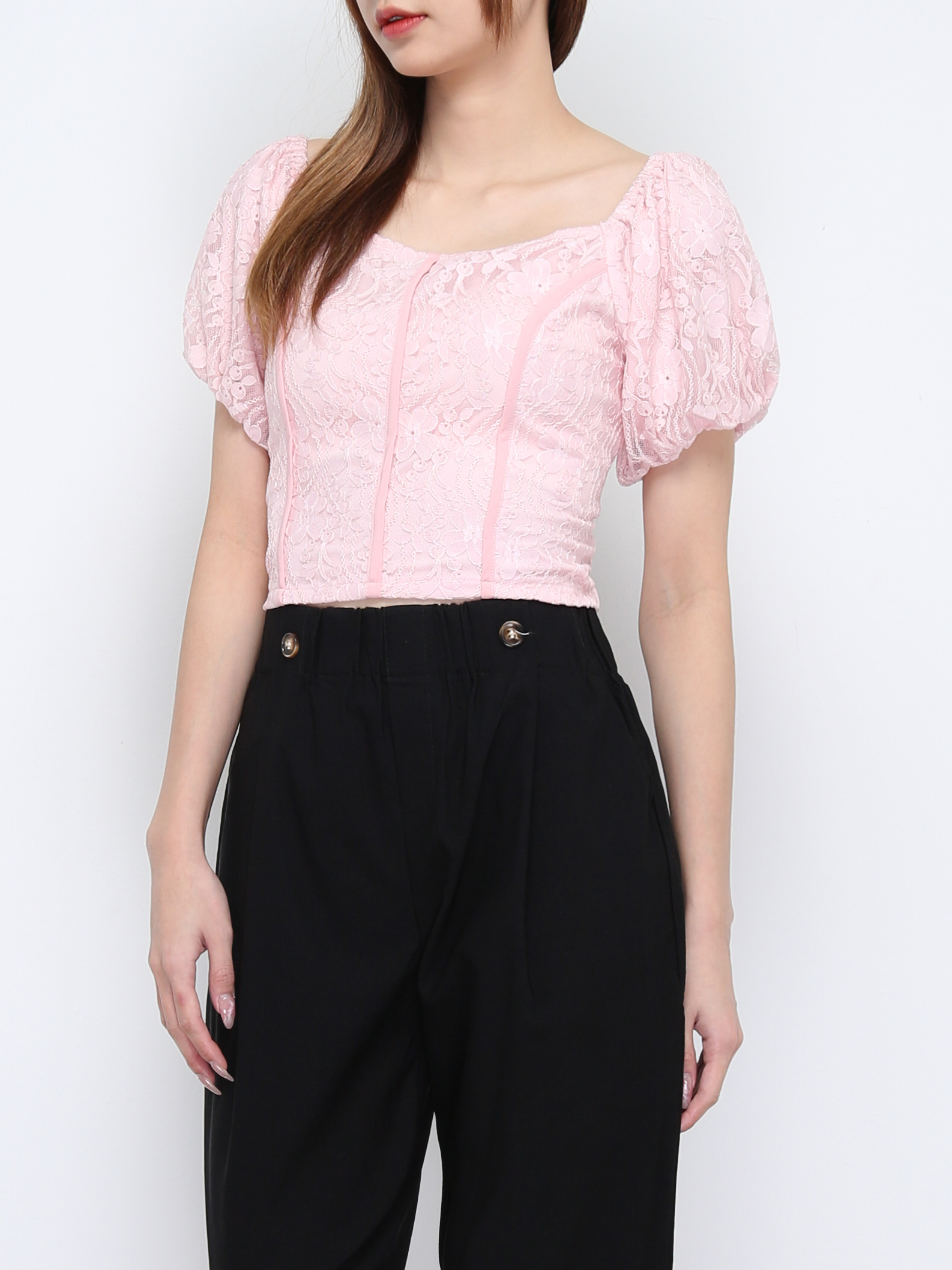 Off Shoulder Lace Puff Sleeve Top 21146