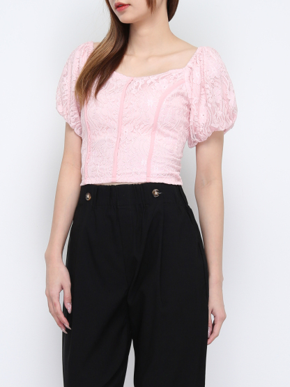 Off Shoulder Lace Puff Sleeve Top 21146
