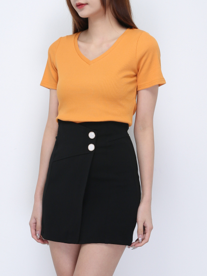 V Neck Short Sleeve Plain Top 21848