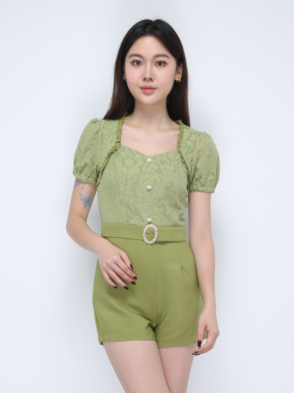 Fake Two Piece Lace With Decorative Button Jumpsuit 21812