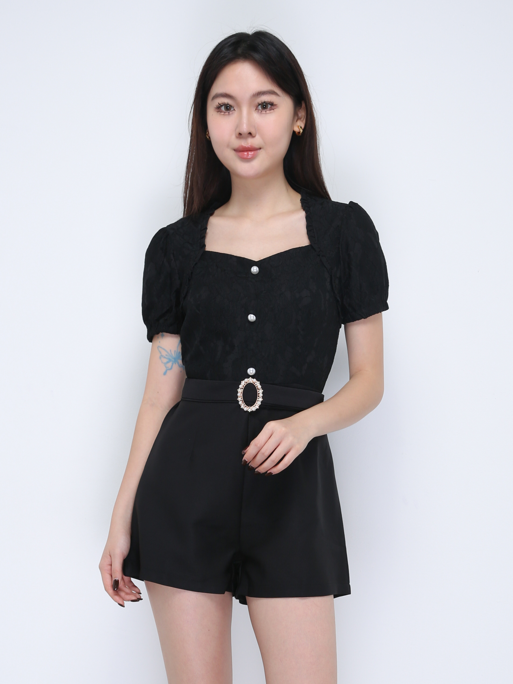 Fake Two Piece Lace With Decorative Button Jumpsuit 21812