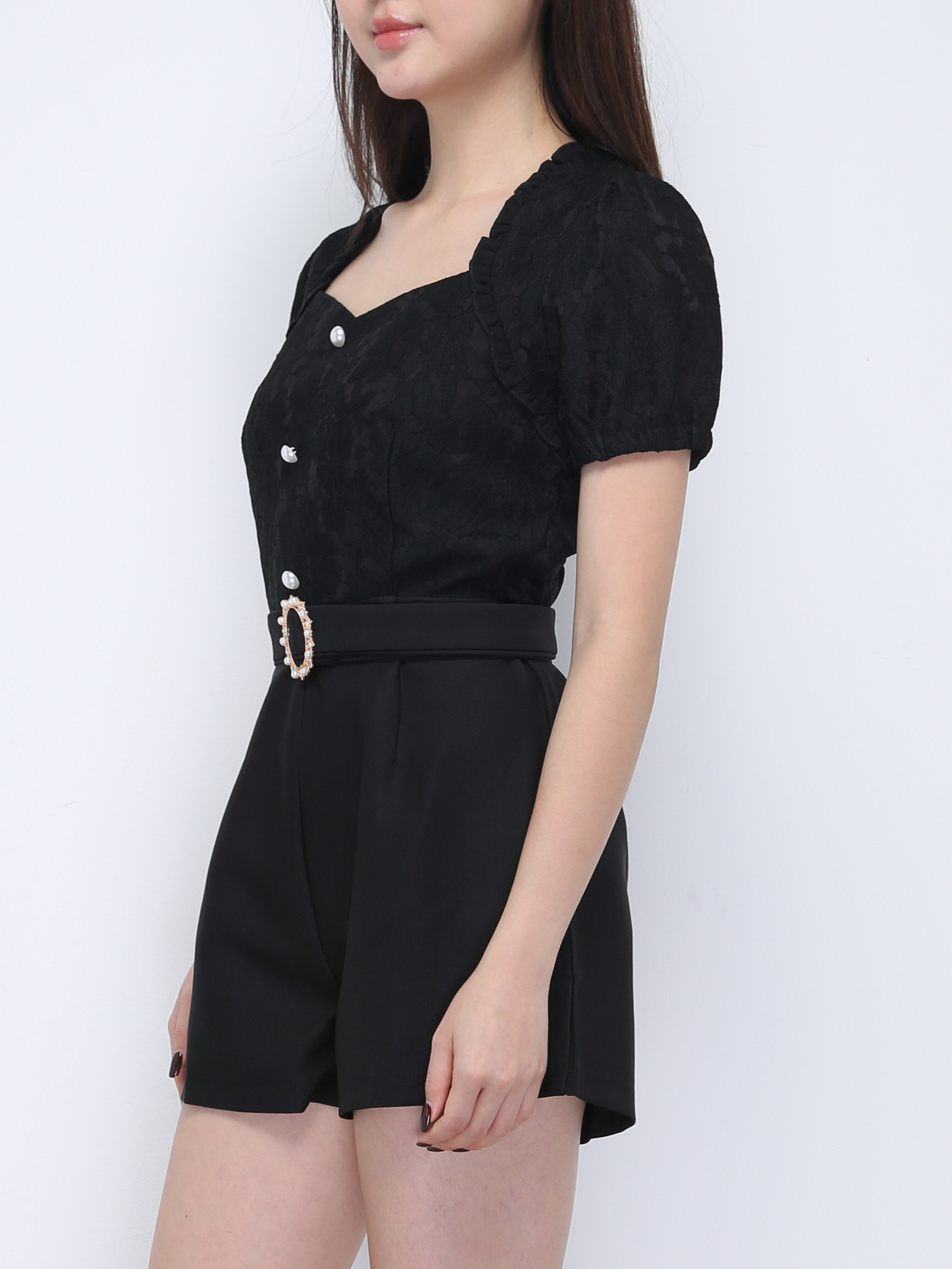 Fake Two Piece Lace With Decorative Button Jumpsuit 21812