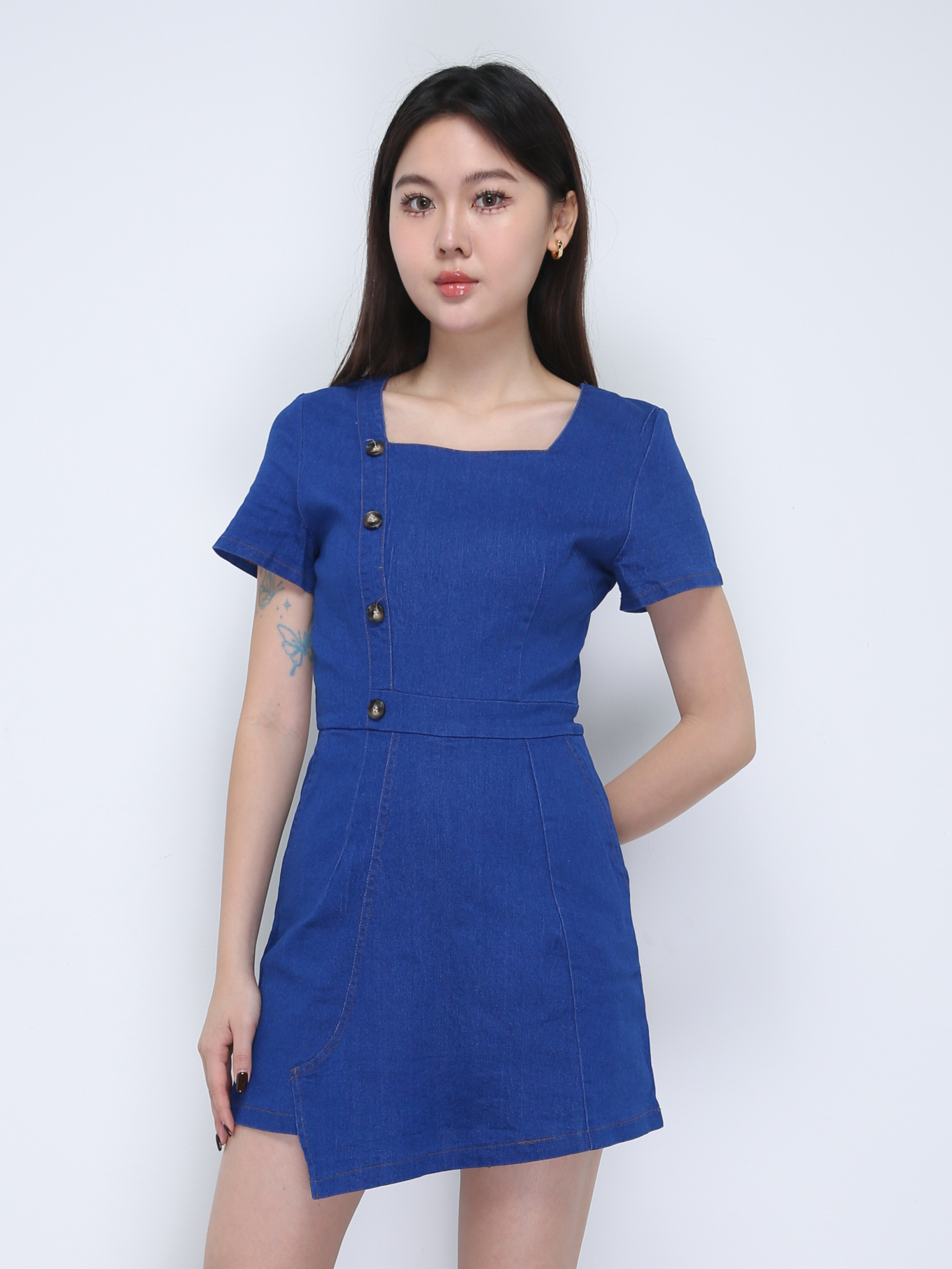 Denim Square Neck With Side Decorative Button Jumpsuit 21874