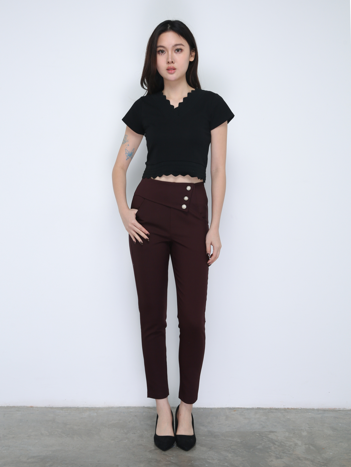 High Waist With Side Button Long Pants 21596