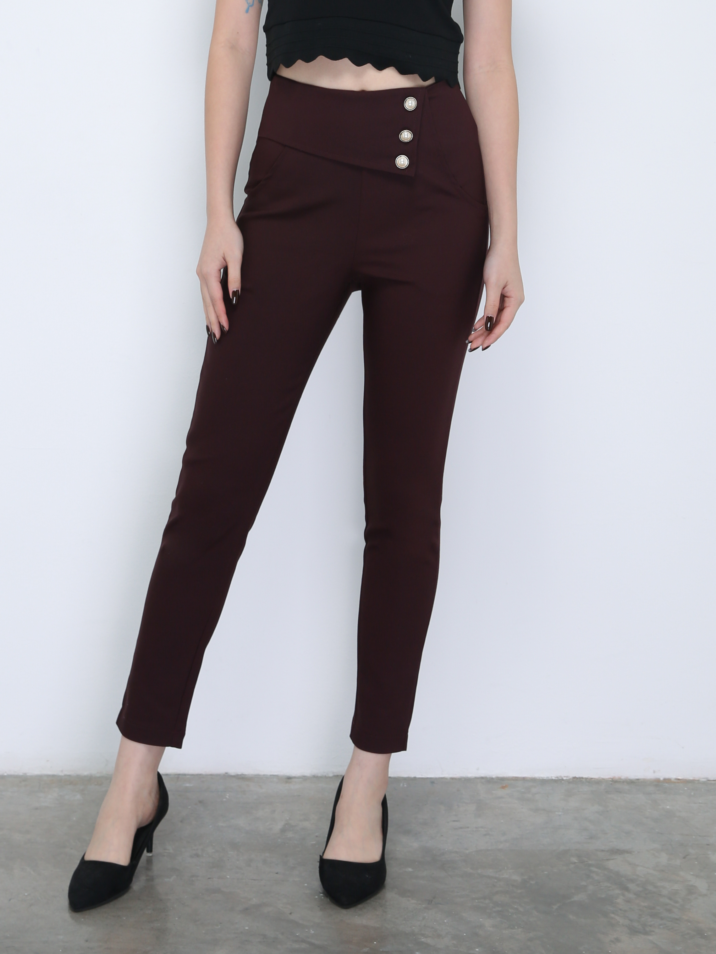 High Waist With Side Button Long Pants 21596