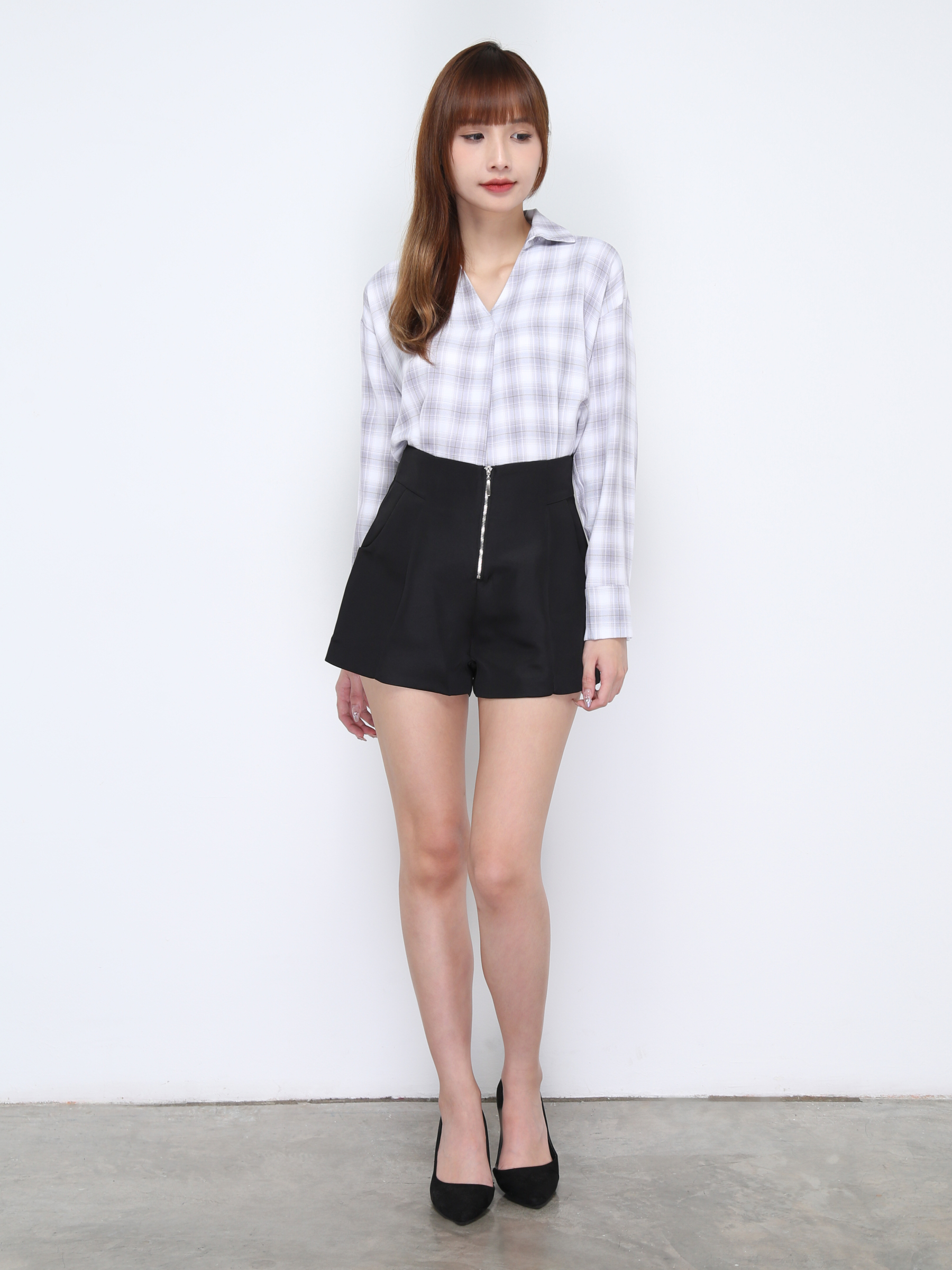 Collar V Neck Plaid Long Sleeve Top 20216