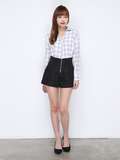 Collar V Neck Plaid Long Sleeve Top 20216