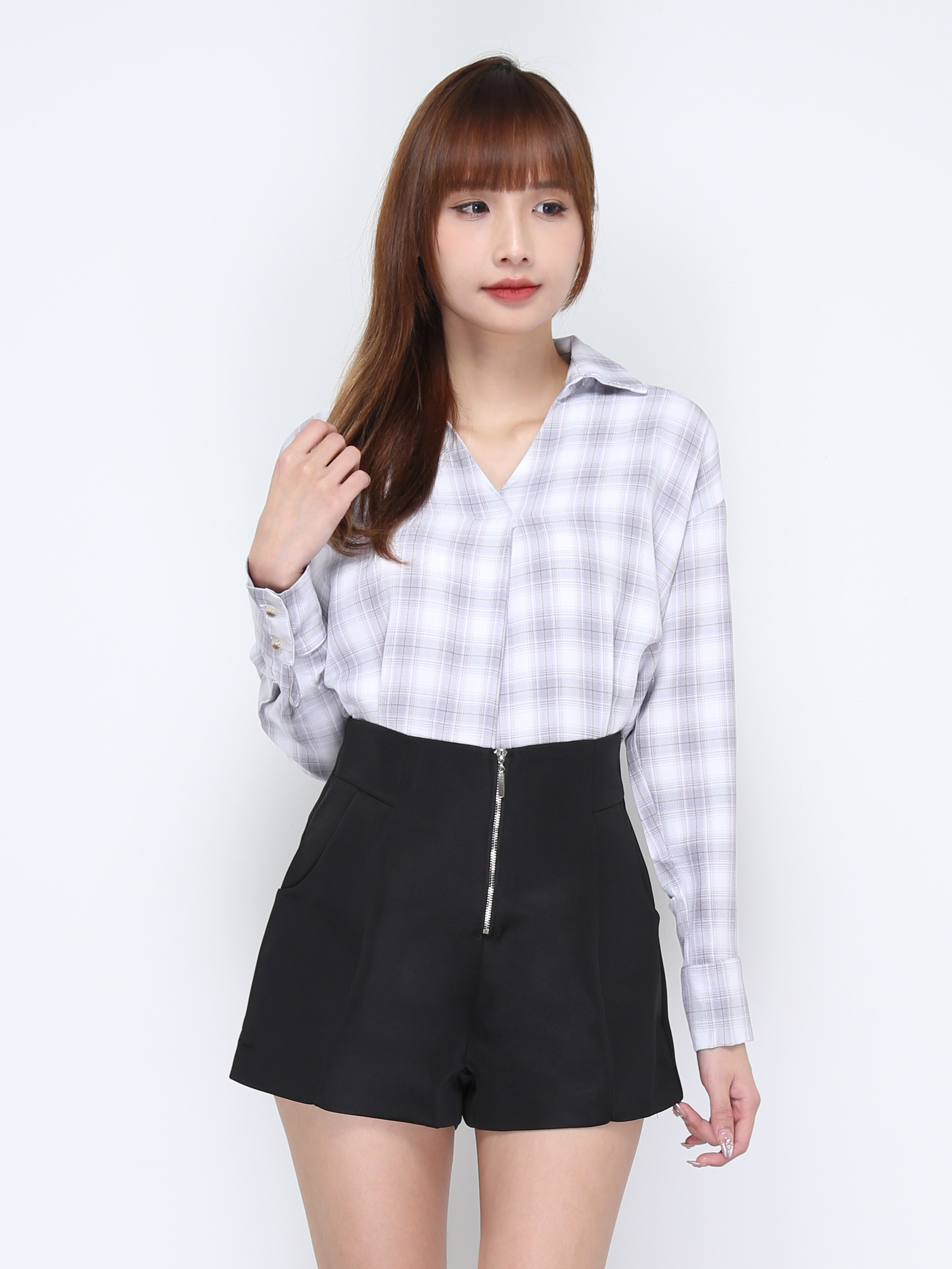 Collar V Neck Plaid Long Sleeve Top 20216