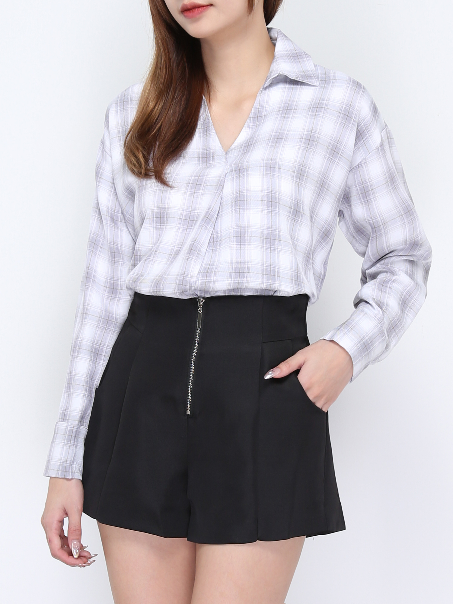 Collar V Neck Plaid Long Sleeve Top 20216