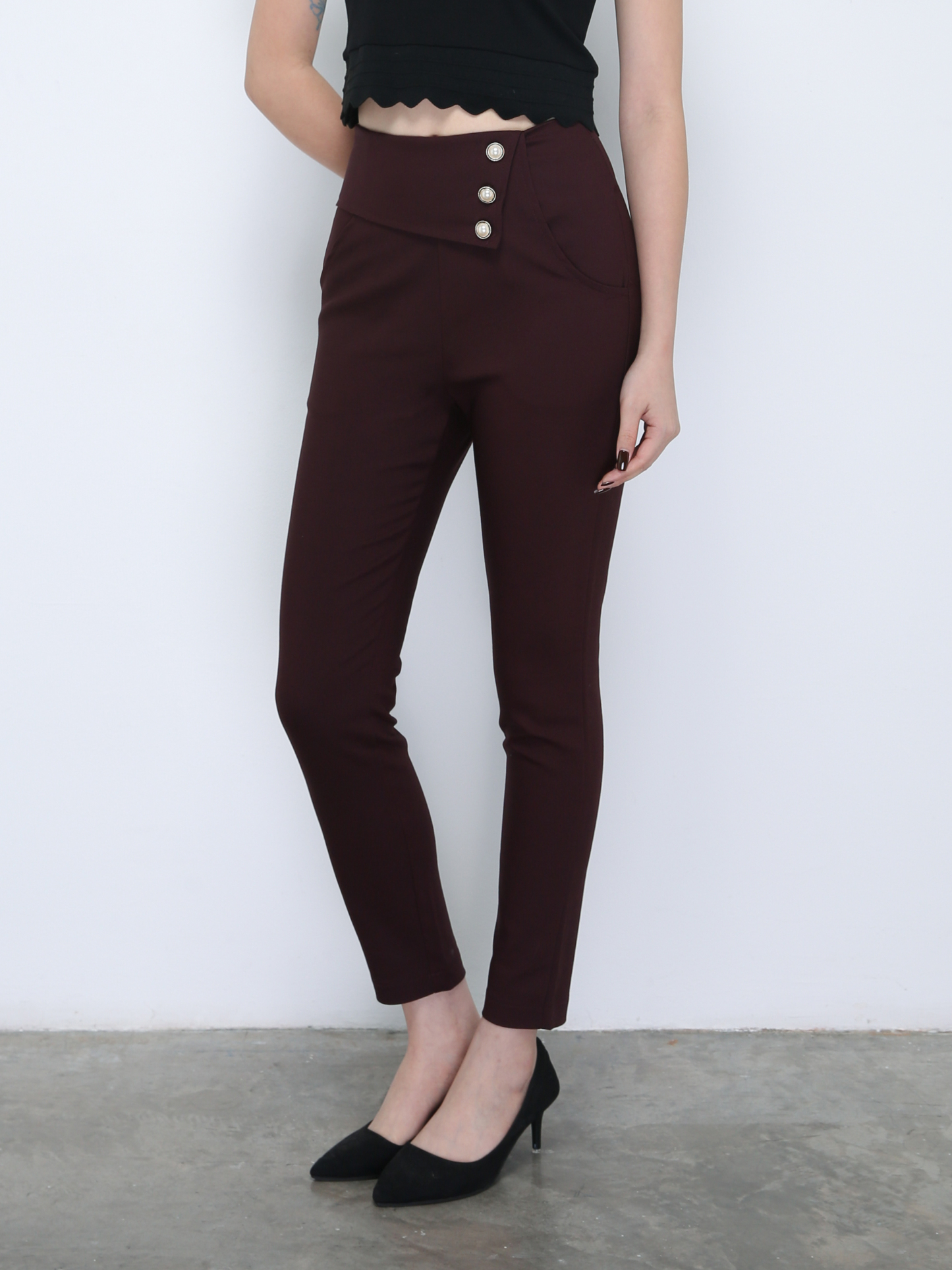 High Waist With Side Button Long Pants 21596
