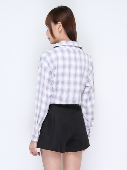 Collar V Neck Plaid Long Sleeve Top 20216
