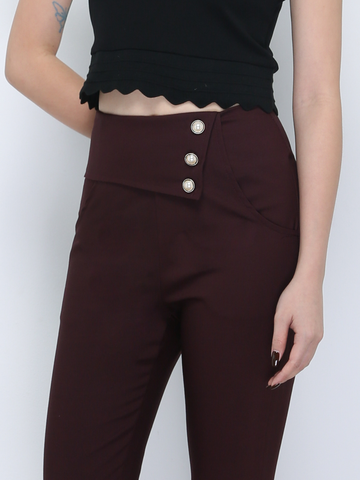 High Waist With Side Button Long Pants 21596