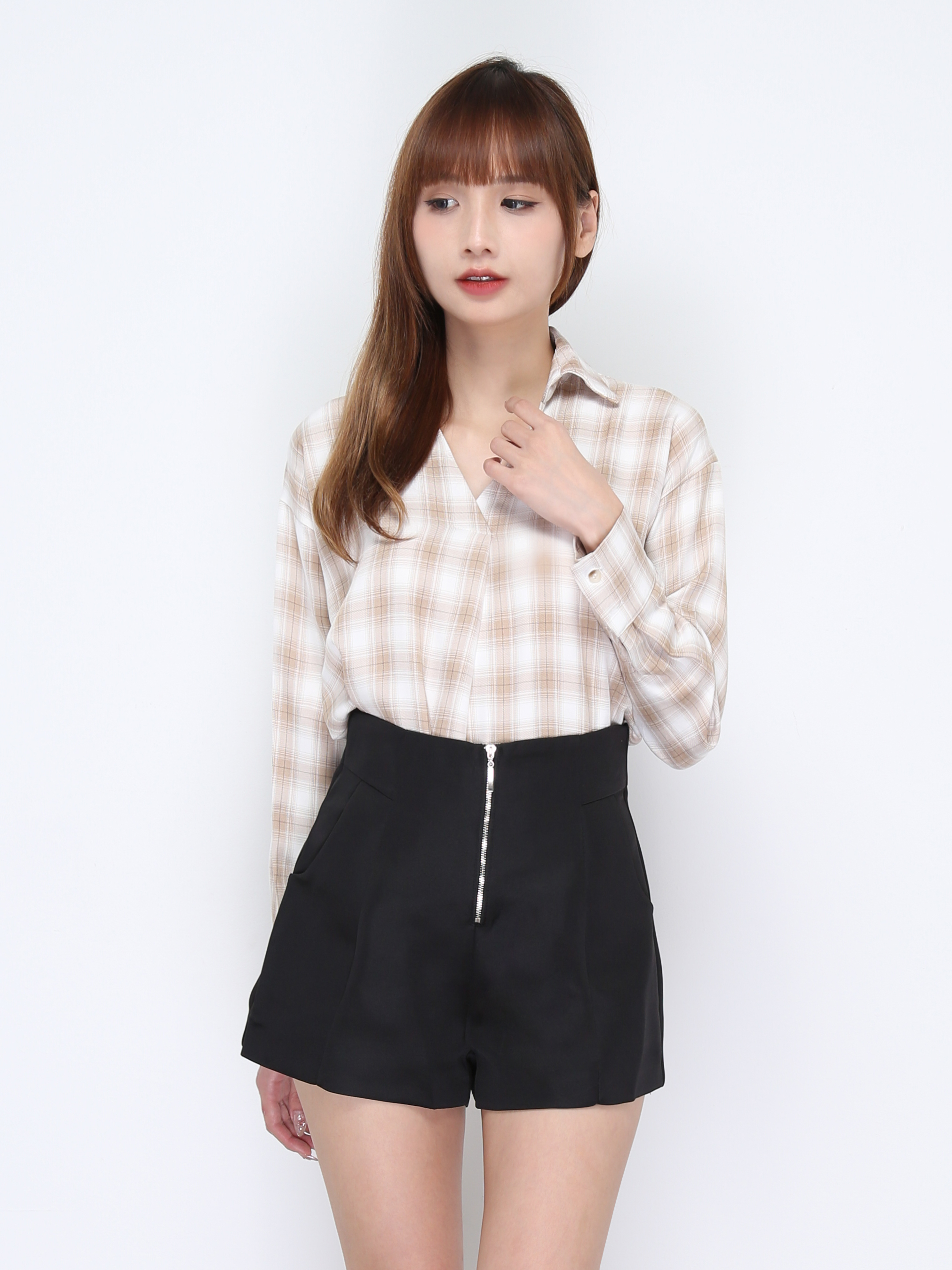 Collar V Neck Plaid Long Sleeve Top 20216