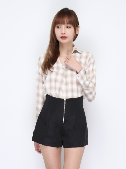 Collar V Neck Plaid Long Sleeve Top 20216