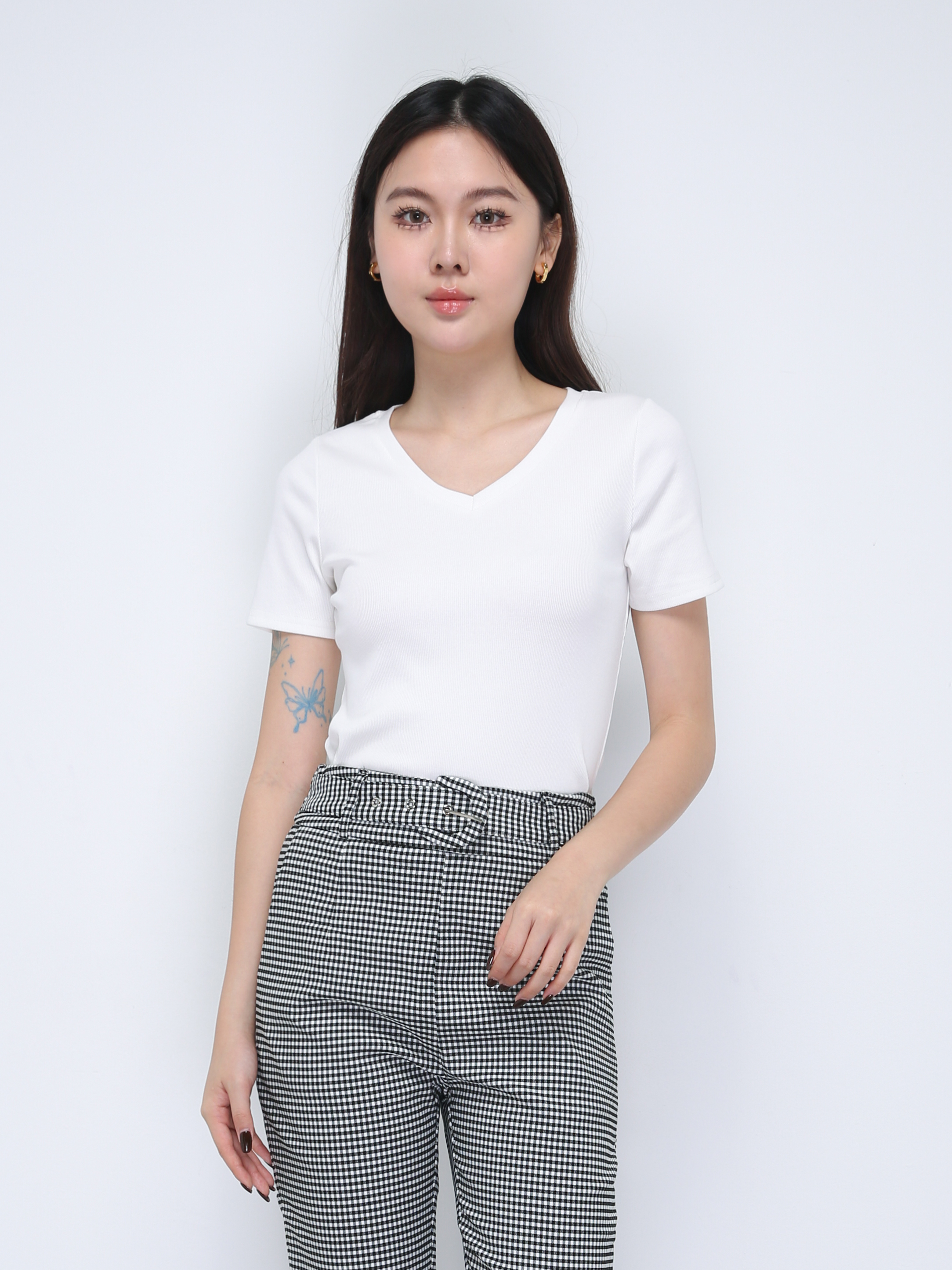 V Neck Short Sleeve Plain Top 21848