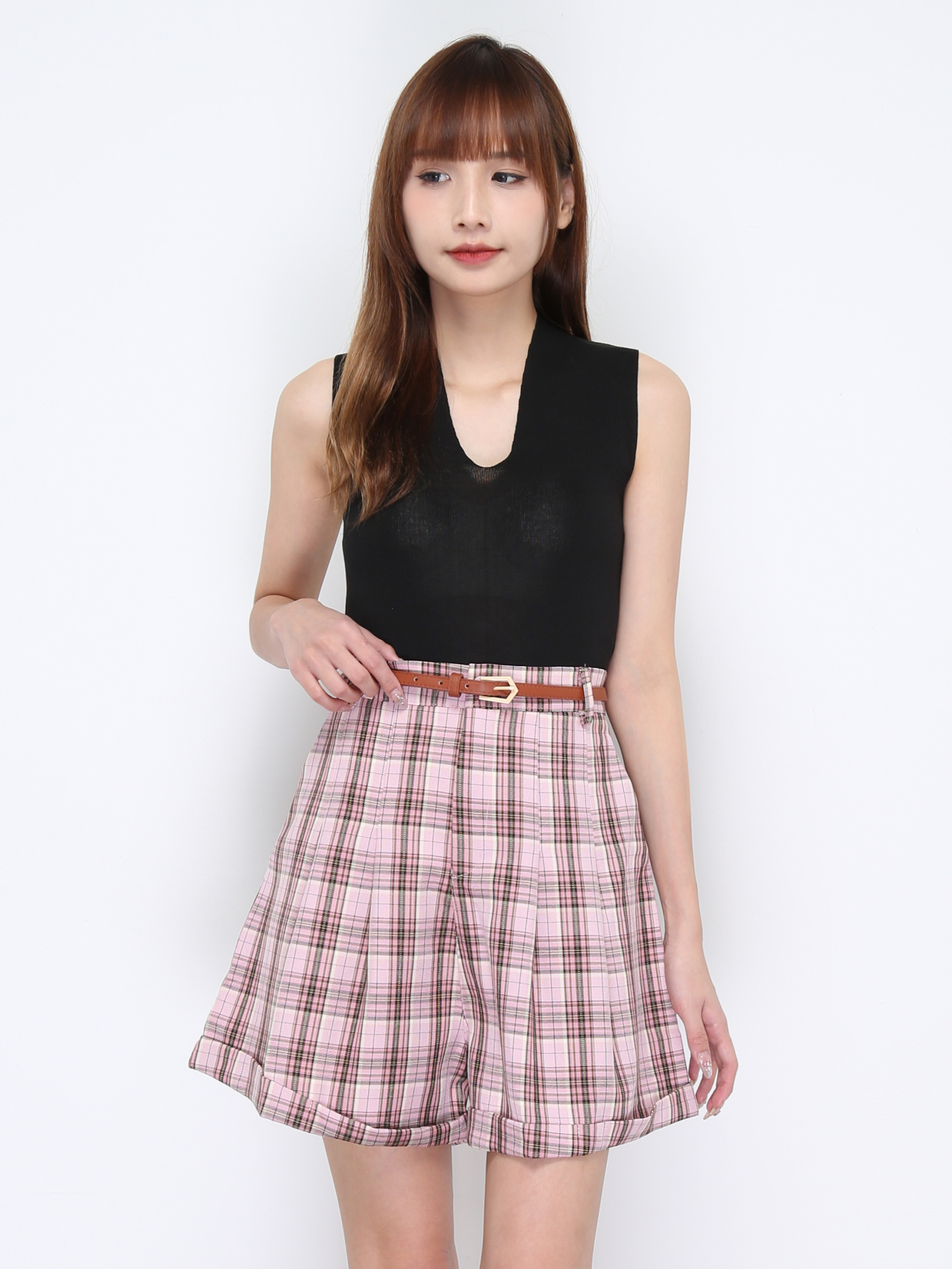 High Waist Checker With Belt Short Pant 20283