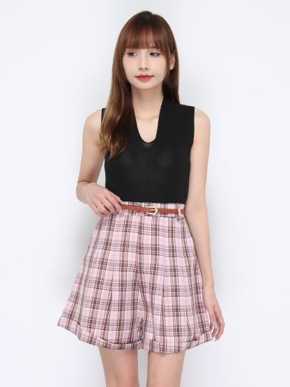 High Waist Checker With Belt Short Pant 20283