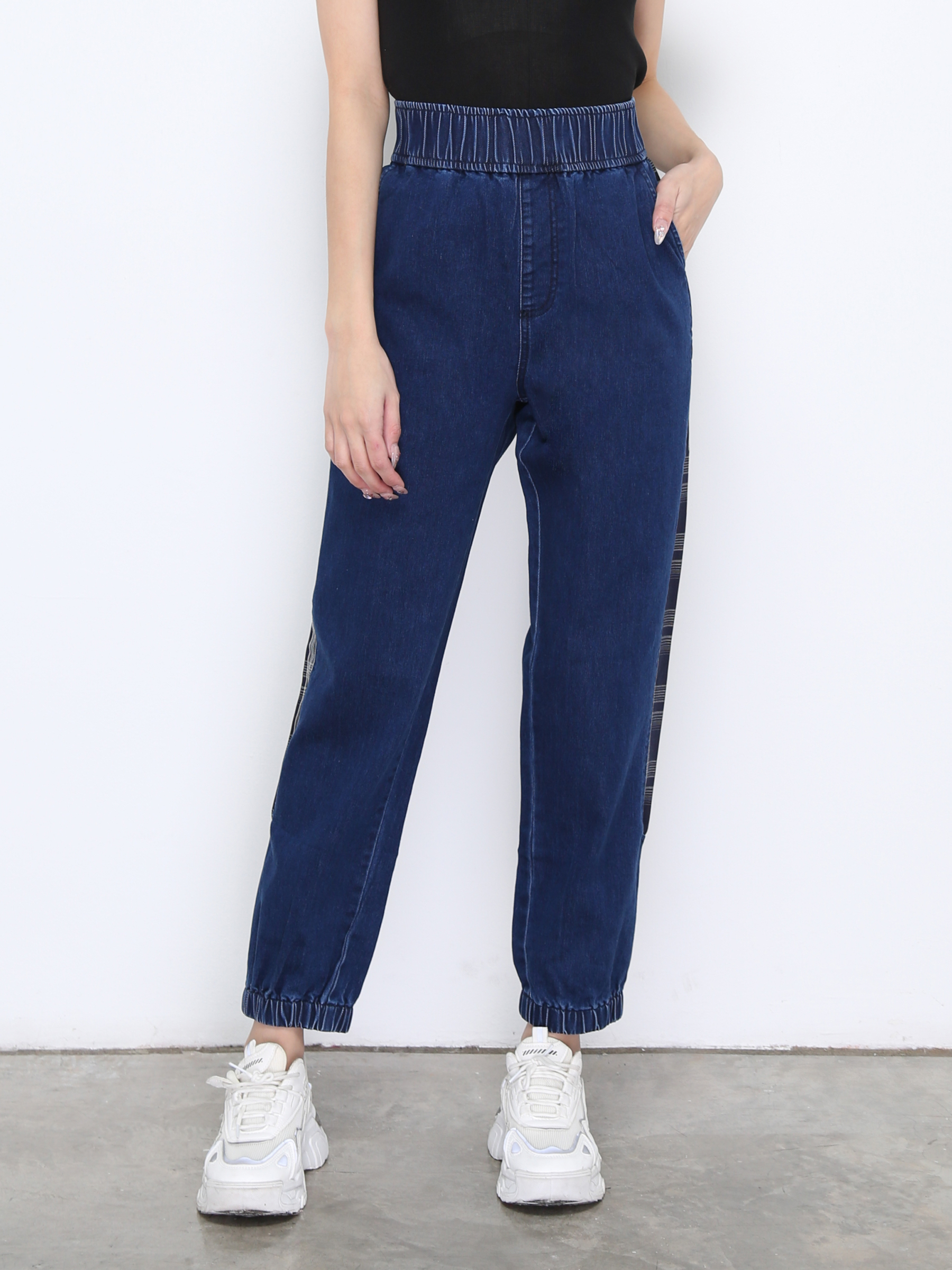 Waist Strechable Checker Denim Long Pant 20228