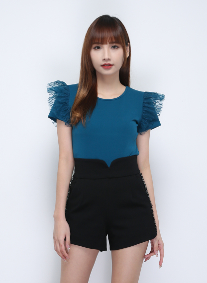 Lace Short Sleeve Plain Top 21828