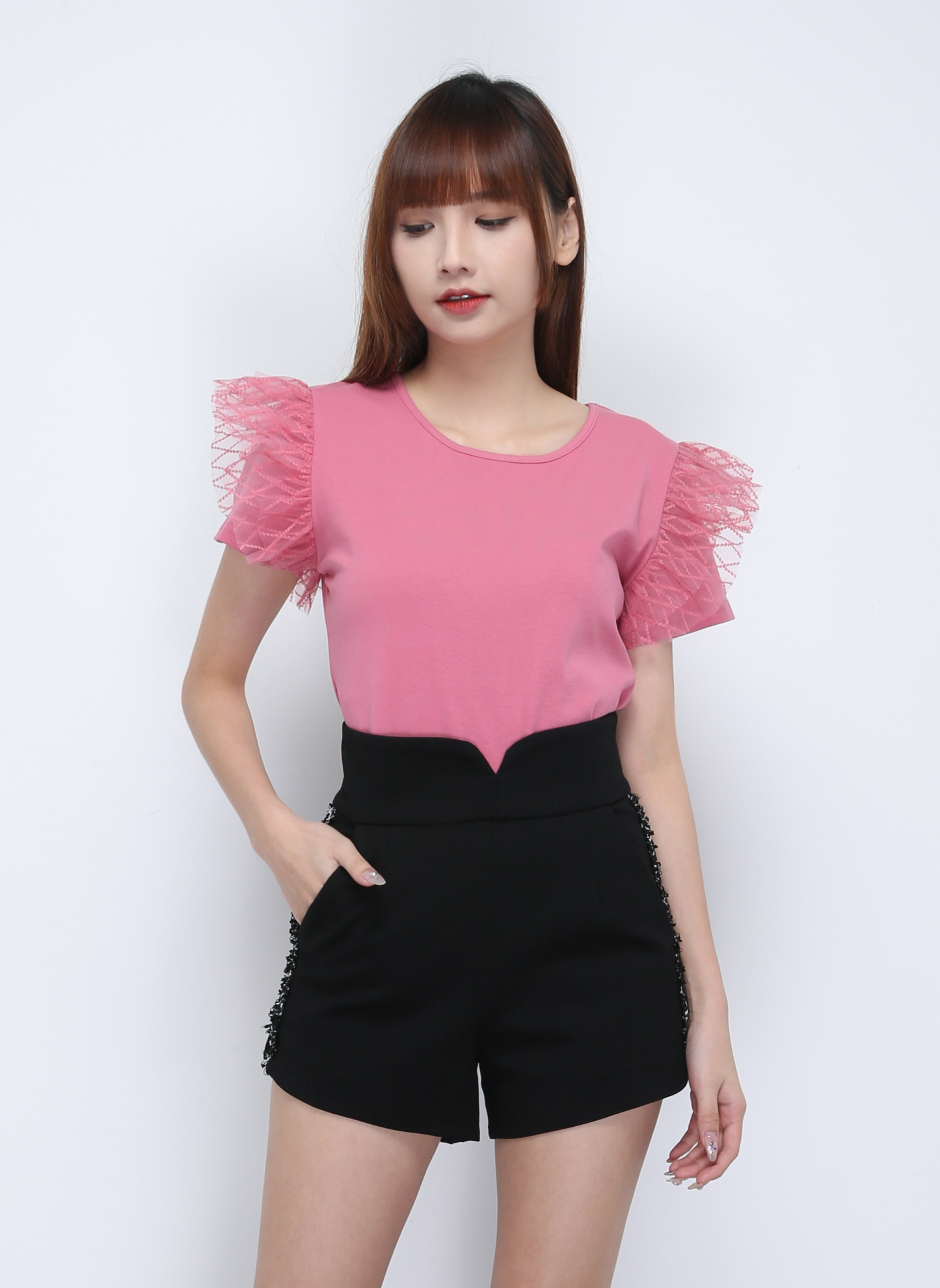 Lace Short Sleeve Plain Top 21828