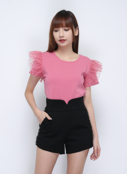 Lace Short Sleeve Plain Top 21828