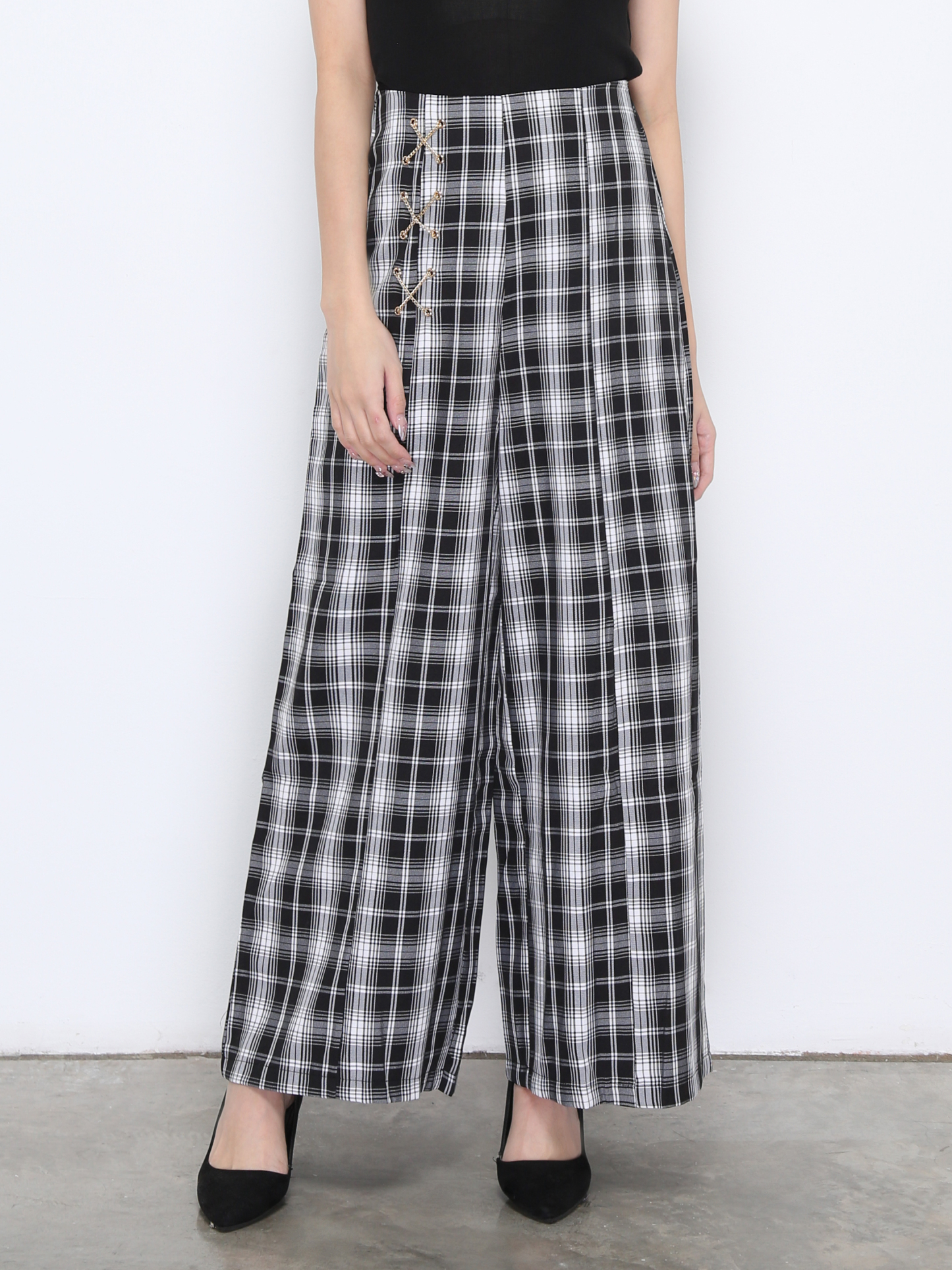 Side Tie Up Plaid Long Pant 20215