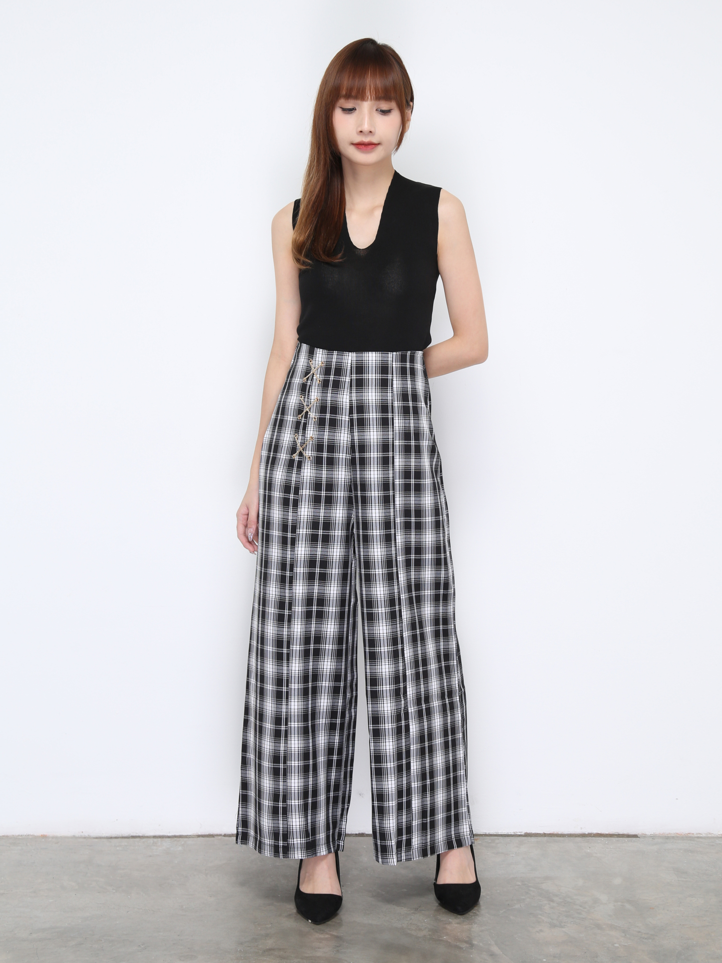 Side Tie Up Plaid Long Pant 20215